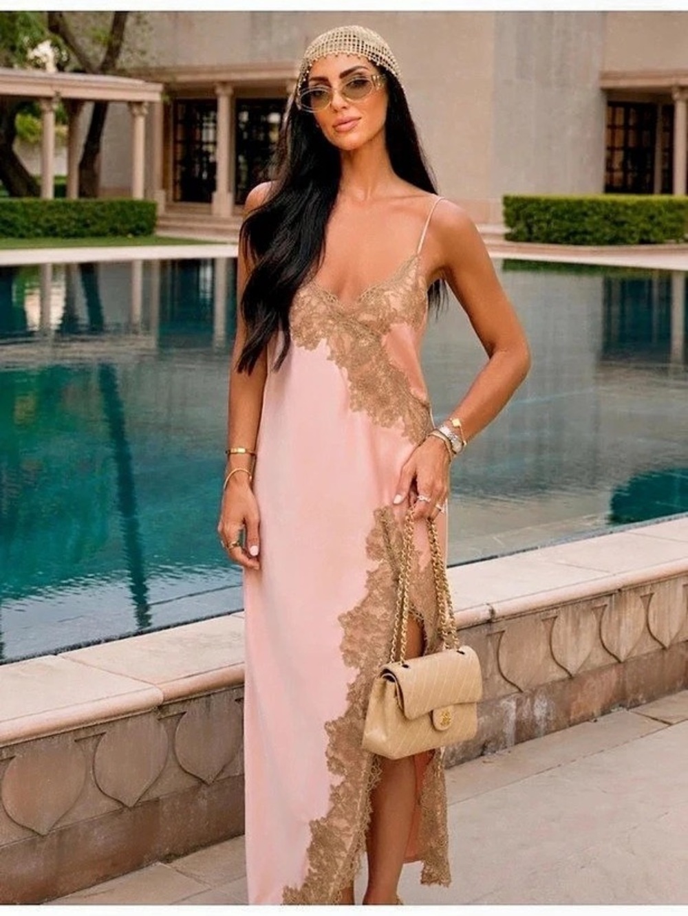 Pink Lace-Trim Maxi Dress Like New